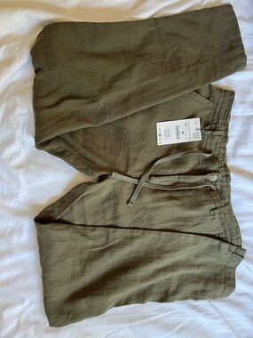 Zara Men's Olive Green Drawstring Linen Pants